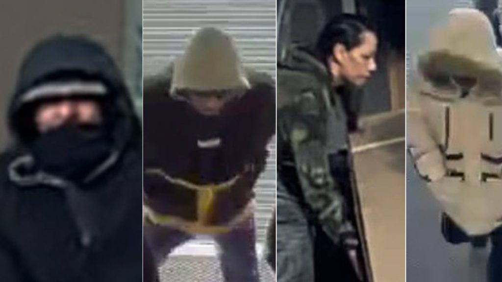 Surveillance photos of four suspects wanted in connection with a robbery at Best Buy in Scarborough