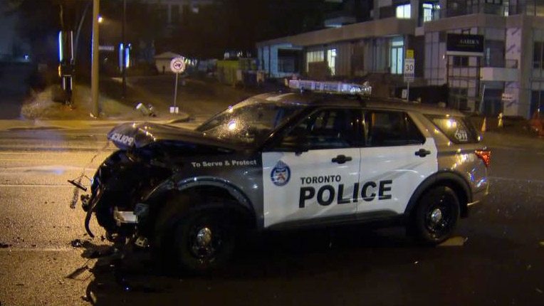 A damaged Toronto police cruiser