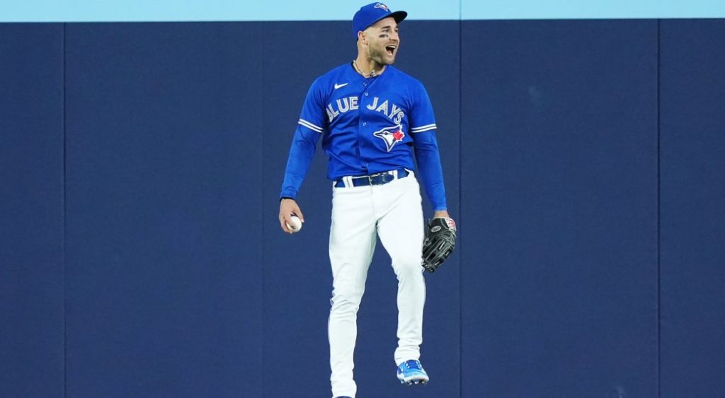 Toronto Blue Jays centre fielder Kevin Kiermaier (39) celebrates his leaping catch to save a home run off the bat of Detroit Tigers designated hitter Kerry Carpenter (30) during second inning MLB American League baseball action in Toronto on Tuesday, April 11, 2023. (Nathan Denette/CP)