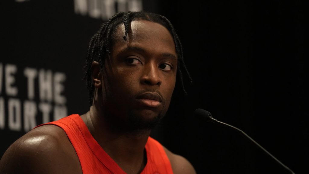 Toronto Raptors' OG Anunoby speaks to reporters during media day in Toronto on Monday October 2, 2023.