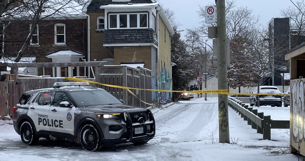 Toronto police at the scene following a homicide in Parkdale on Jan. 6, 2024