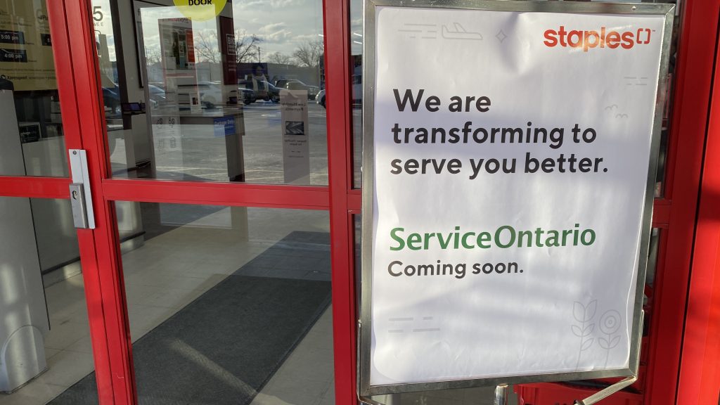 A sign at the door of a Staples in Leaside designating that it will become a ServiceOntario location. (Daniel Berry/CITYNEWS)