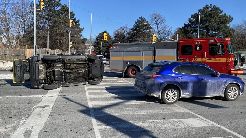 Vehicle flips in multi vehicle crash in North York no injuries