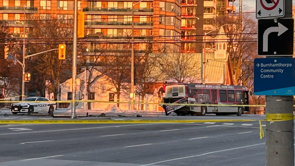 Peel police at the scene of a crash involving a MiWay bus at Burnhamthorpe and Dixie roads in Mississauga on Jan. 15, 2024