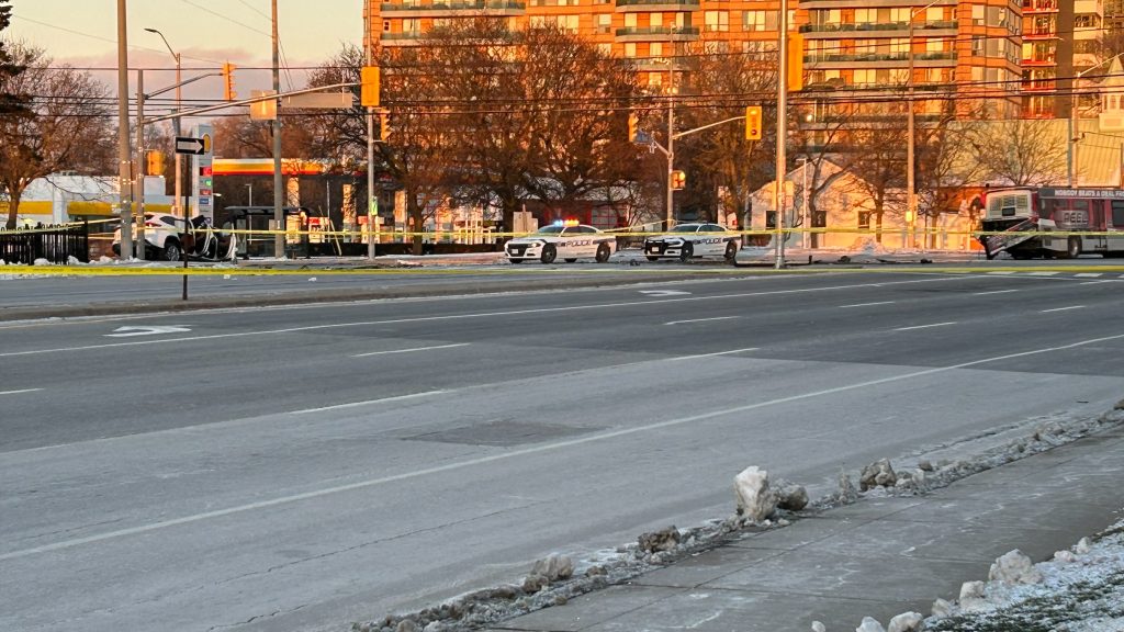 Peel police at the scene of a two-vehicle crash involving a MiWay bus at Burnhamthorpe and Dixie roads in Mississauga on Jan. 15, 2024.