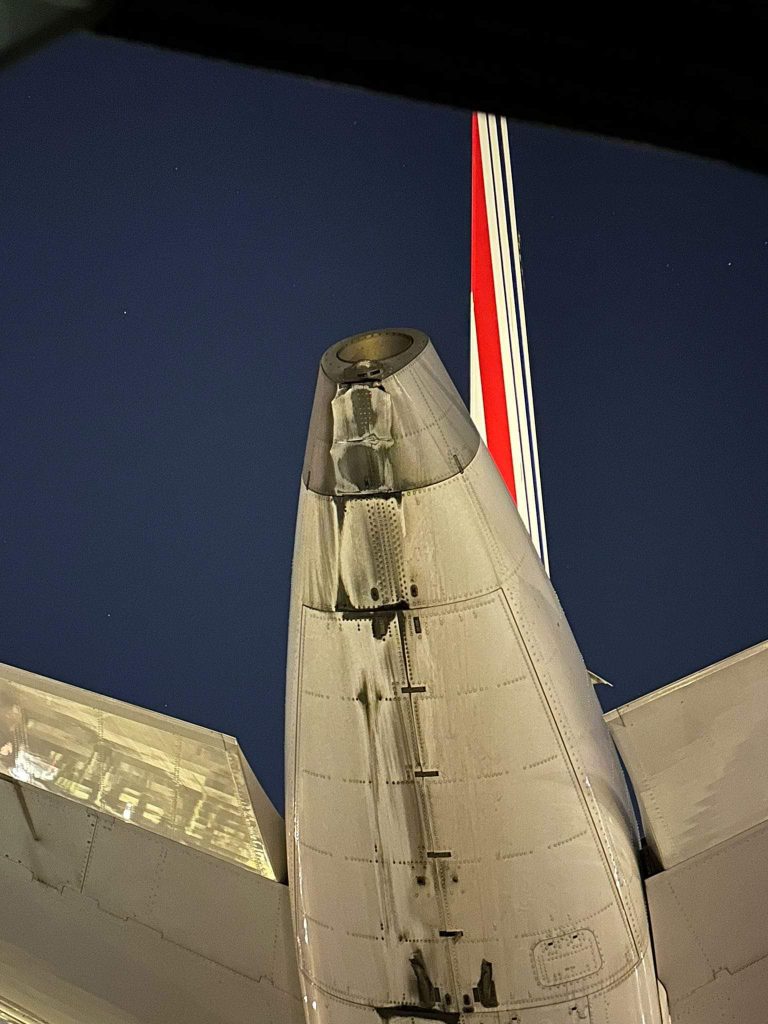 Damage to an Air France airbus after it dragged its tail on the runway at Toronto Pearson Airport after a landing rate warning on Sunday. (@aviationbrk/X)