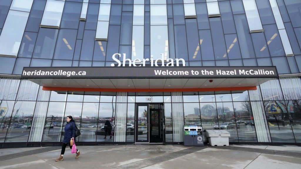 A person leaves Sheridan College's Hazel McCallion Campus in Mississauga