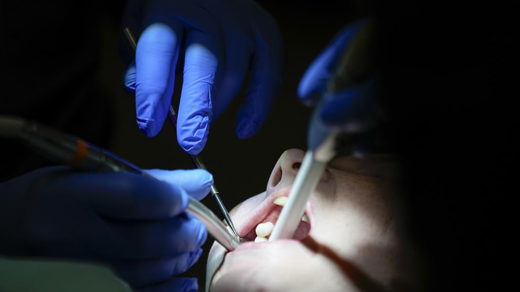 A dentist works on a patient