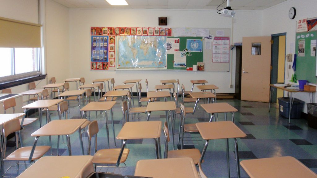An empty classroom is seen in this undated photo.
