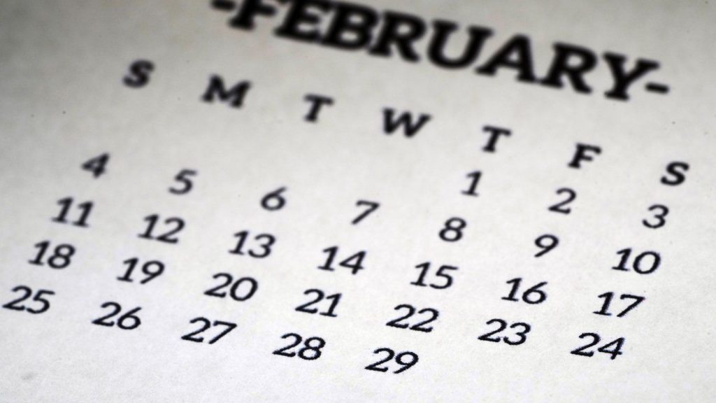 A calendar shows the month of February