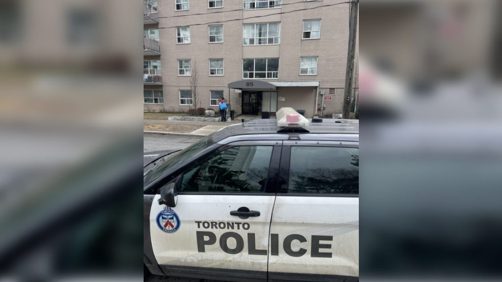 Toronto police at the scene of a stabbing at an apartment building on Gamble Avenue near Pape Avenue in East York on March 5, 2024