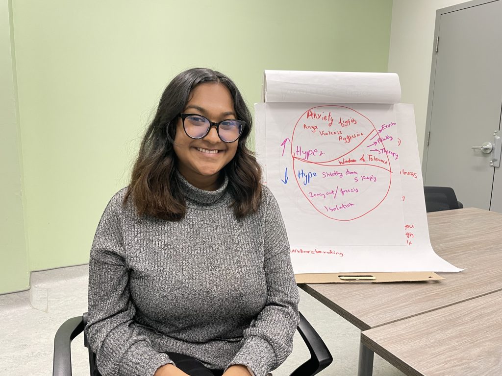 Sex Education by Theatre peer mentor Sara Ahmed sitting in Flemingdon Health Centre. 