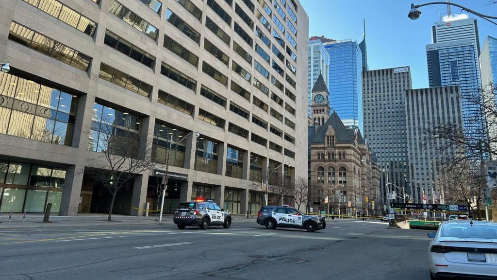 Toronto police block off a section of Bay Street for a suspicious package investigation on March 11, 2024