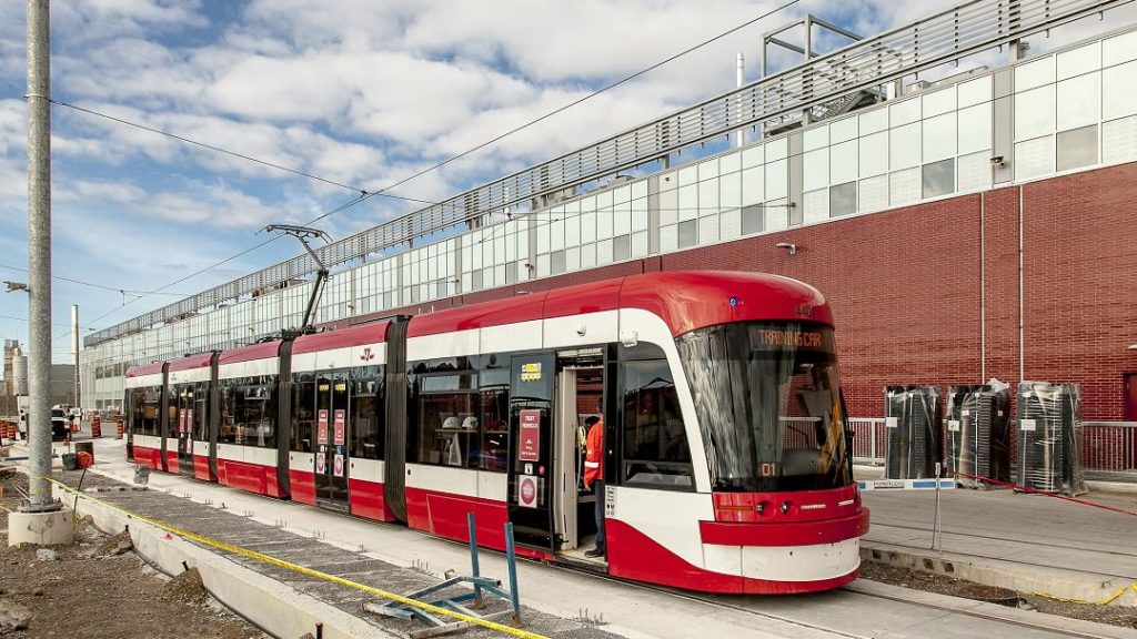 A streetcar sits outside the TTC's Leslie Barns facility