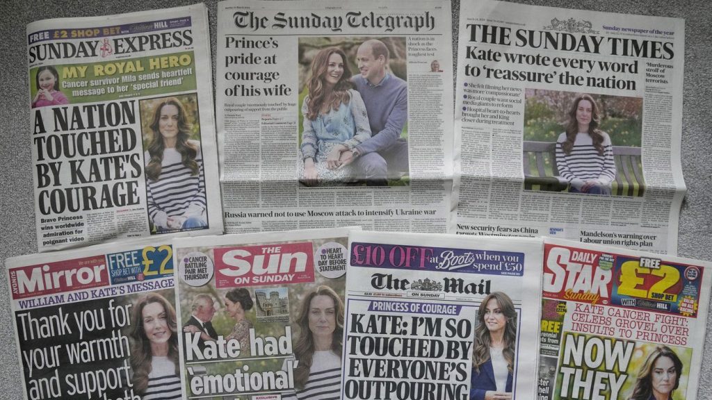 A montage of the front pages of some of Britain's Sunday newspapers pictured in London