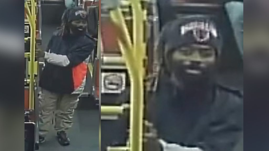 Security images of a man wanted after a woman was assaulted with a piece of wood aboard a TTC bus