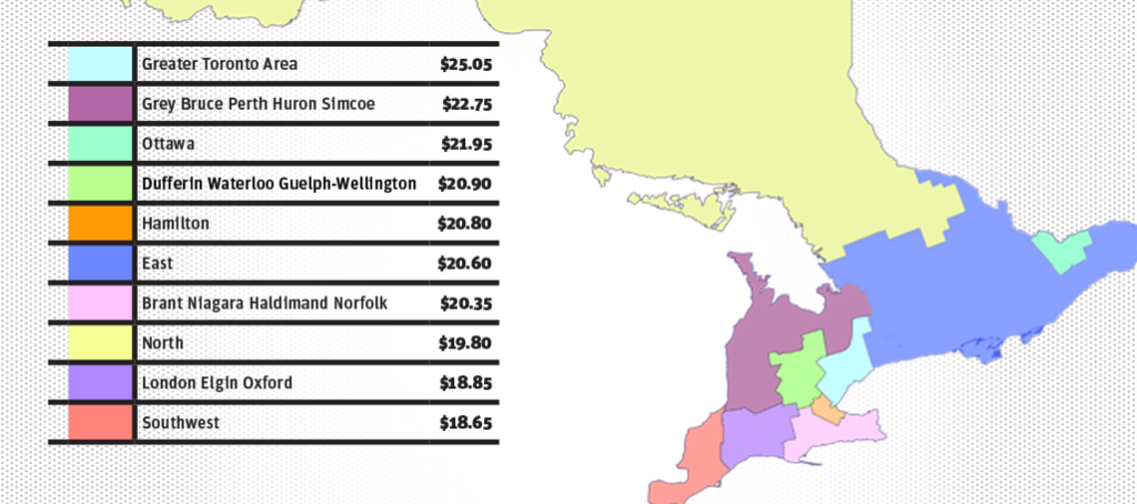 The Ontario Living Wage Network calculates the minimum wage requirement to live in the GTA and elsewhere in Ontario