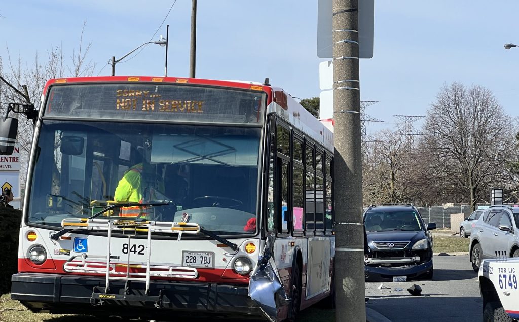 A TTC bus was involved in a collision in the Overlea and Thorncliffe Park area on Saturday, March 30, 2024. (Omar Arifuzzaman/CITYNEWS)