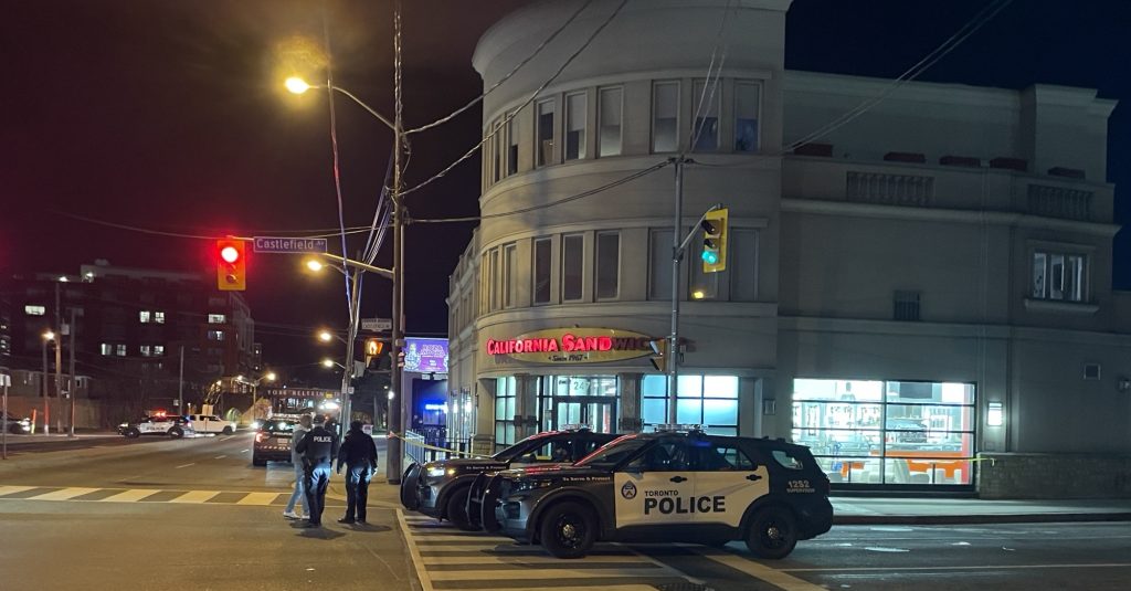 A man was transported to hospital after a shooting in the Dufferin St and Castlefield Ave area on April 6, 2024. (Arthur Pressick/CITYNEWS)