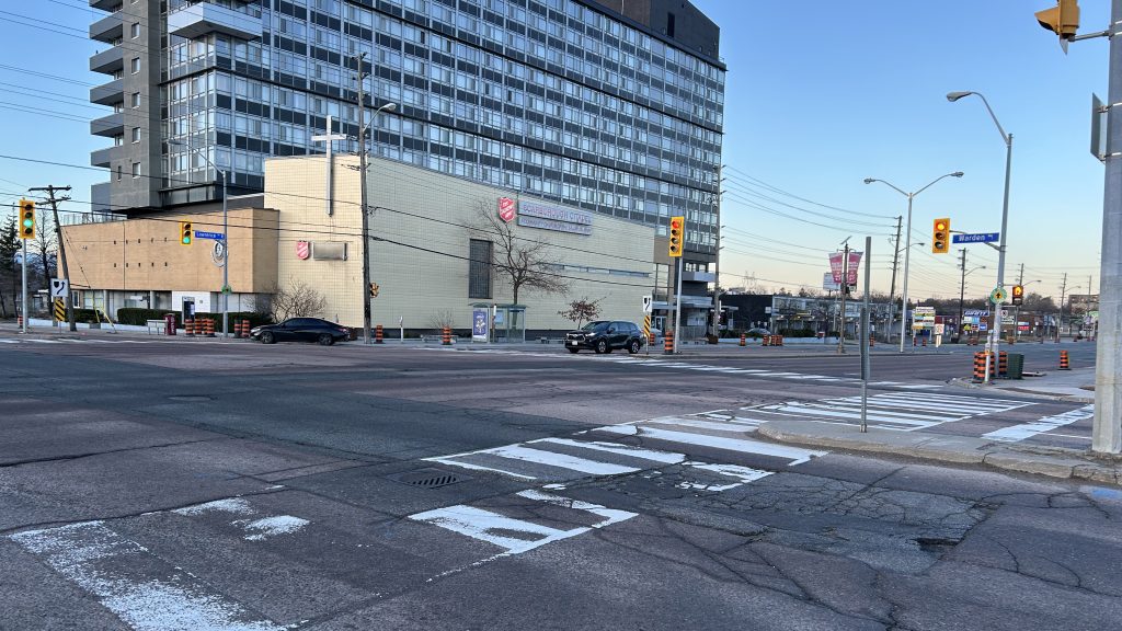 The intersection of Lawrence Avenue East and Warden Avenue