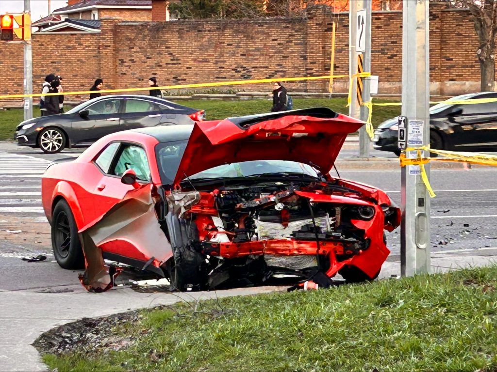 A car is damaged following a collision in the Steeles Avenue West and Windmill Boulevard area on Sunday, April 21, 2024. (Matt Wilkins/CITYNEWS)