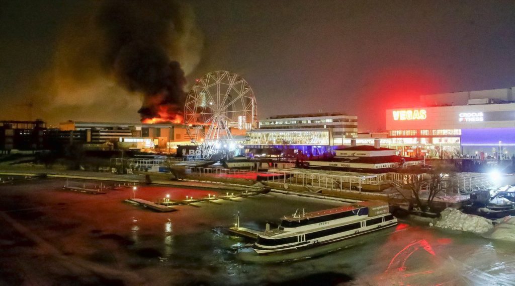 A massive blaze is seen over the Crocus City Hall concert venue on the western edge of Moscow