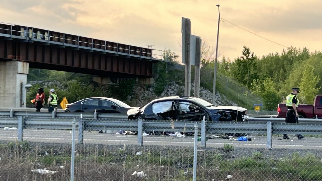 OPP at the scene of a crash on Highway 401 in Oshawa on May 19, 2024