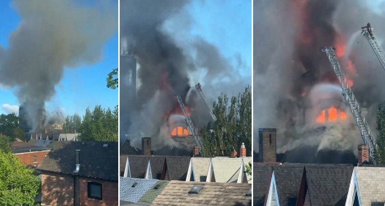 Toronto firefighters can be seen responding to a blaze at St. Anne's Anglican Church.
