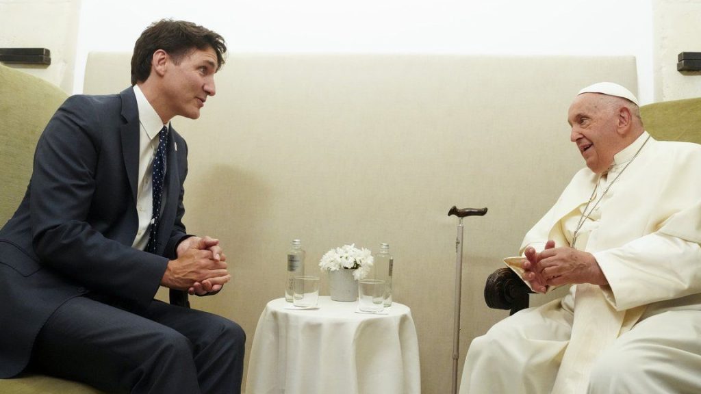 Prime Minister Justin Trudeau, left, meets with Pope Francis