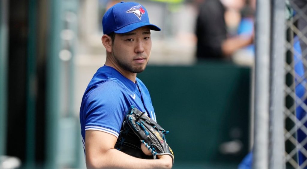 Toronto Blue Jays starting pitcher Yusei Kikuchi prepares to walk to the mound during the second inning of a baseball game against the Detroit Tigers, Sunday, May 26, 2024, in Detroit.