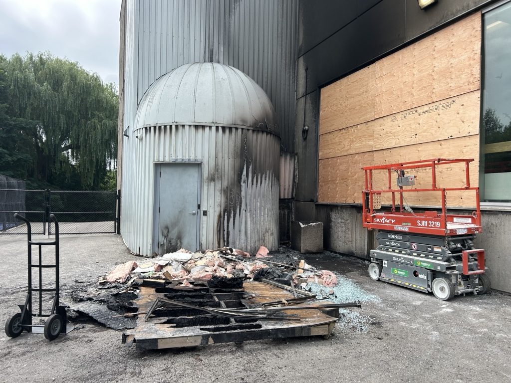 A fire at a storage shed outside The Leo Baeck Day School on Arlington Avenue near Cedarvale Park on July 30, 2024