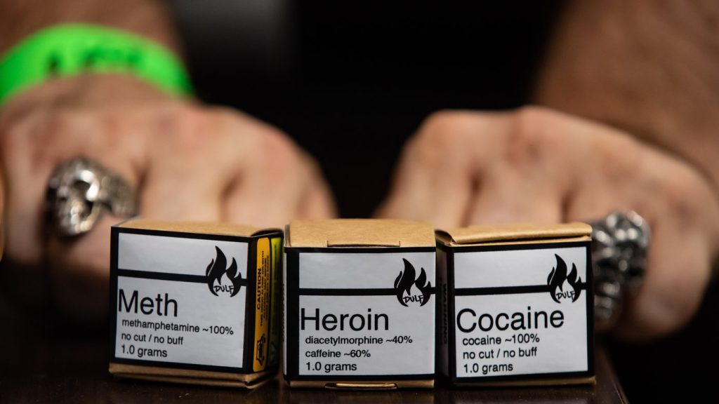 Methamphetamine, heroin and cocaine from a safe supply being handed out to drug users by the Vancouver Area Network of Drug Users, Drug User Liberation Front and Moms Stop the Harm to mark International Overdose Awareness Day