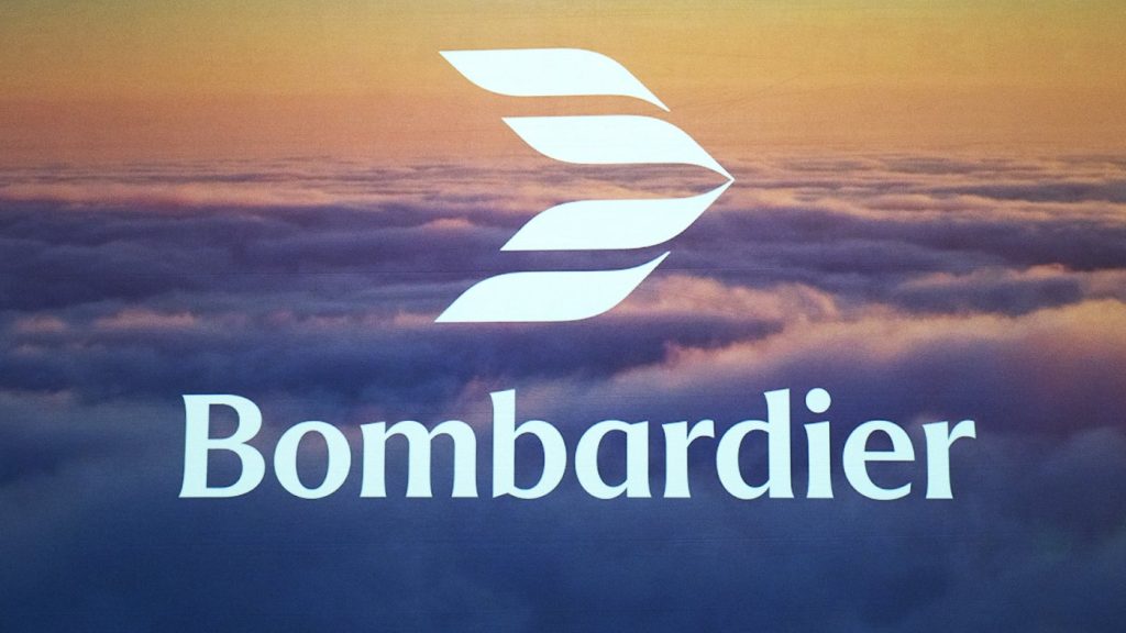 A Bombardier logo is revealed during a ceremony at their plant in Montreal on April 24, 2024