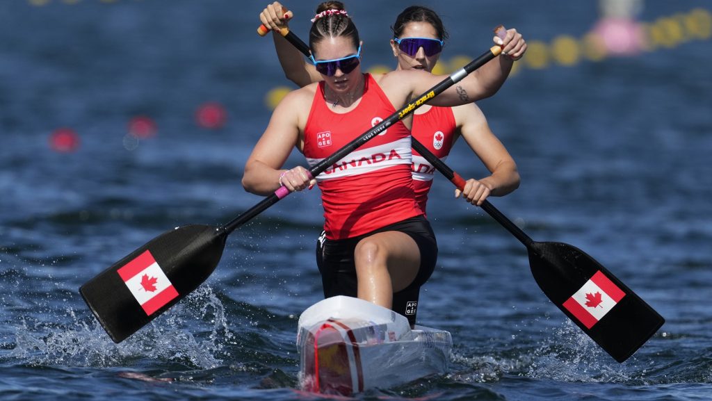 Canada's Sloan MacKenzie and Katie Vincent compete in the women's canoe double 500-meter semifinals at the 2024 Summer Olympics in Vaires-sur-Marne, France, on Aug. 9, 2024