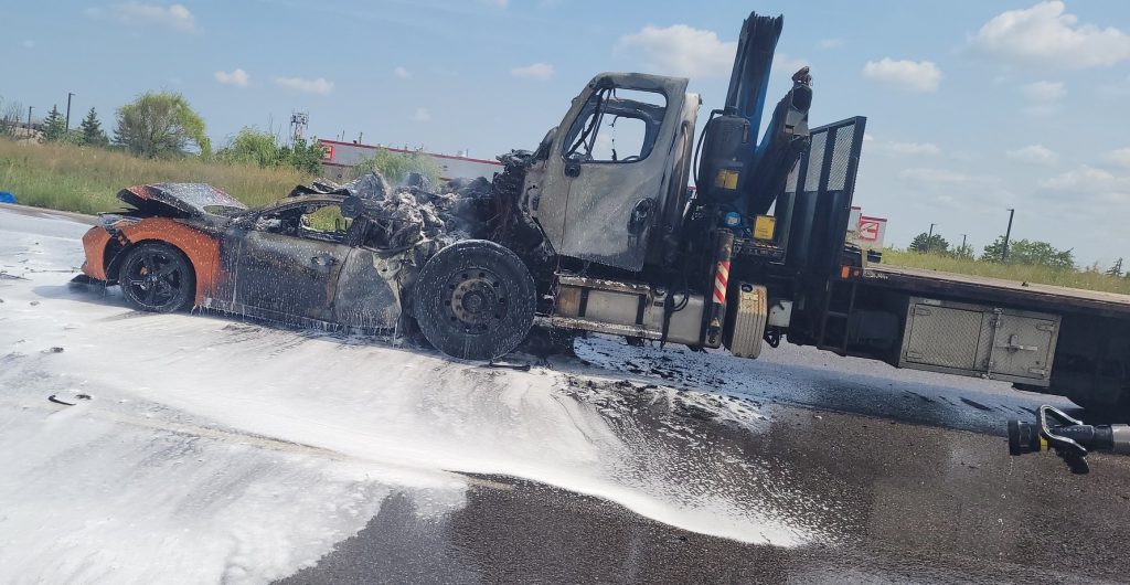 A tractor-trailer caught fire following a three-vehicle crash on Highway 410 in Mississauga on Aug. 13, 2024