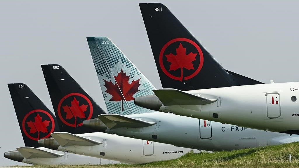 Air Canada planes sit on the tarmac at Pearson International Airport Toronto on Wednesday, April 28, 2021.