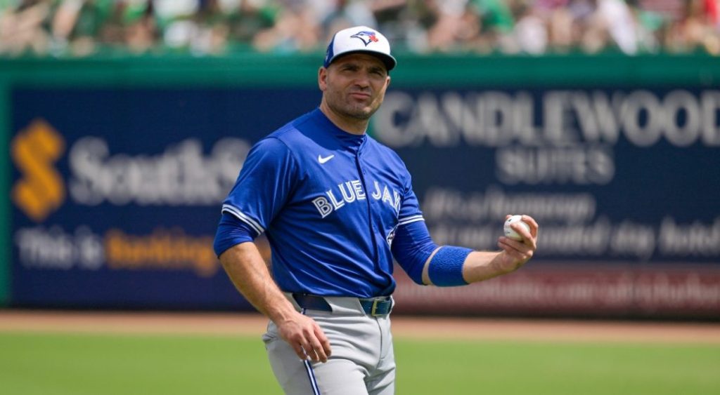 Toronto Blue Jays’ Joey Votto loosens up before a spring training baseball game against the Philadelphia Phillies at BayCare Ballpark, Sunday, March 17, 2024, in Clearwater, Fla.