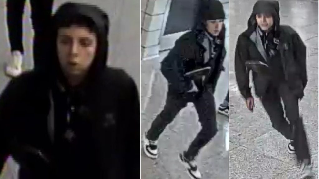 Surveillance image of one of two suspects wanted in connection with a violent assault and robbery at a TTC subway station.