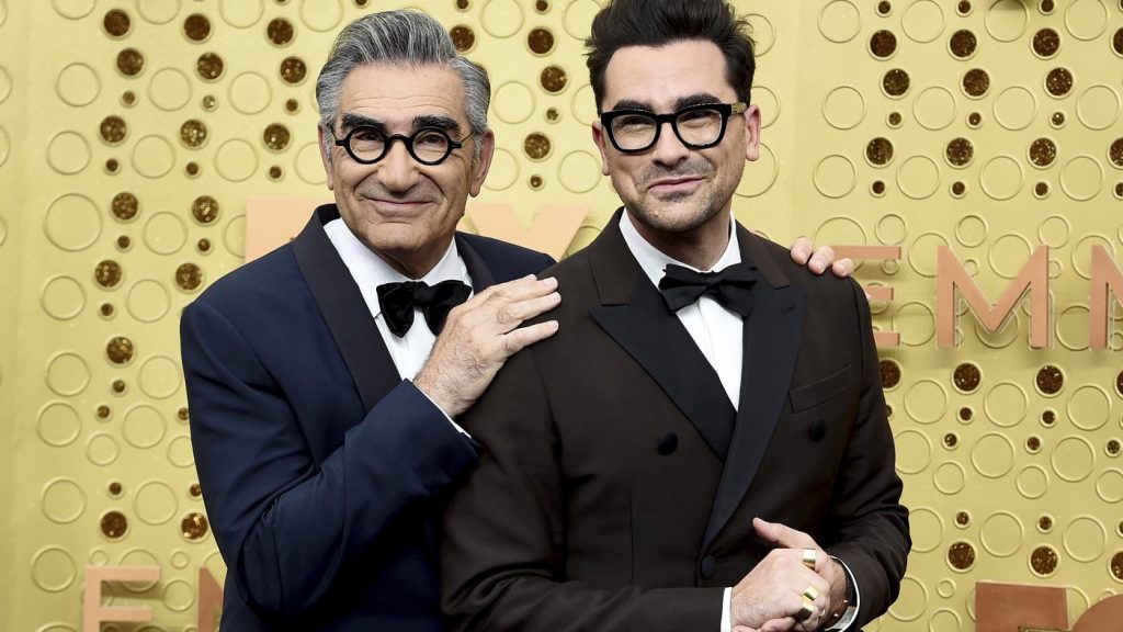 Eugene Levy, left, and Dan Levy appear at the 71st Primetime Emmy Awards in Los Angeles on Sept. 22, 2019