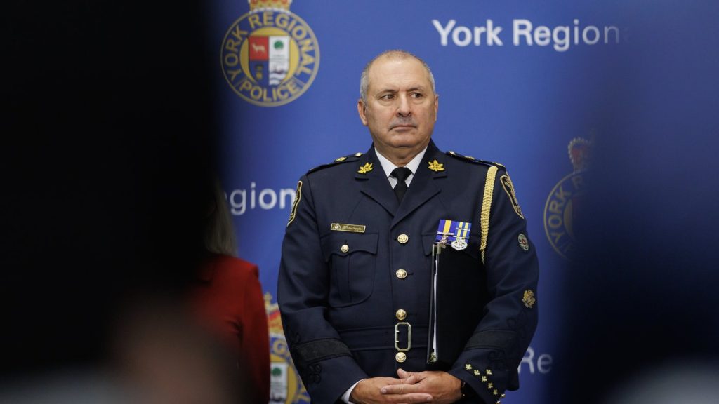 York Regional Police chief Jim MacSween attends a press conference at the York Regional Police Headquarters in Aurora on Jan. 31, 2024