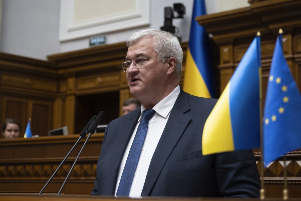 In this photo provided by the Ukrainian Parliament Press Office, Ukraine's newly appointed Foreign Minister Andrii Sybiha speaks in parliament in Kyiv, Ukraine, Thursday, Sept. 5, 2024