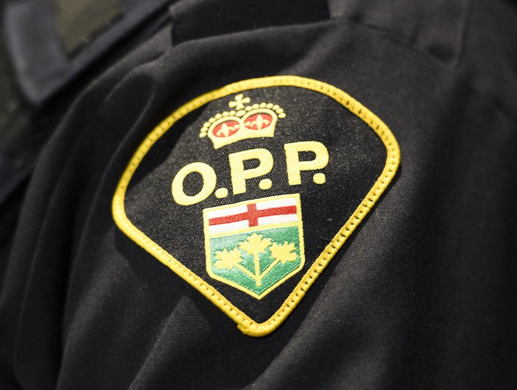 An Ontario Provincial Police shoulder badge