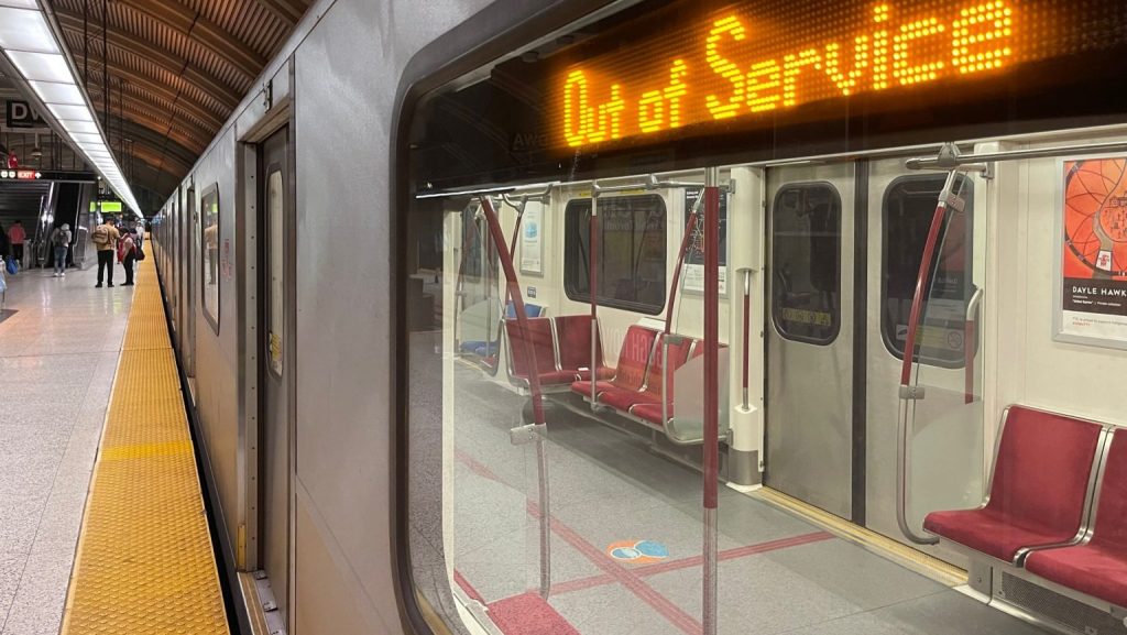 A TTC subway car is shown as being out of service