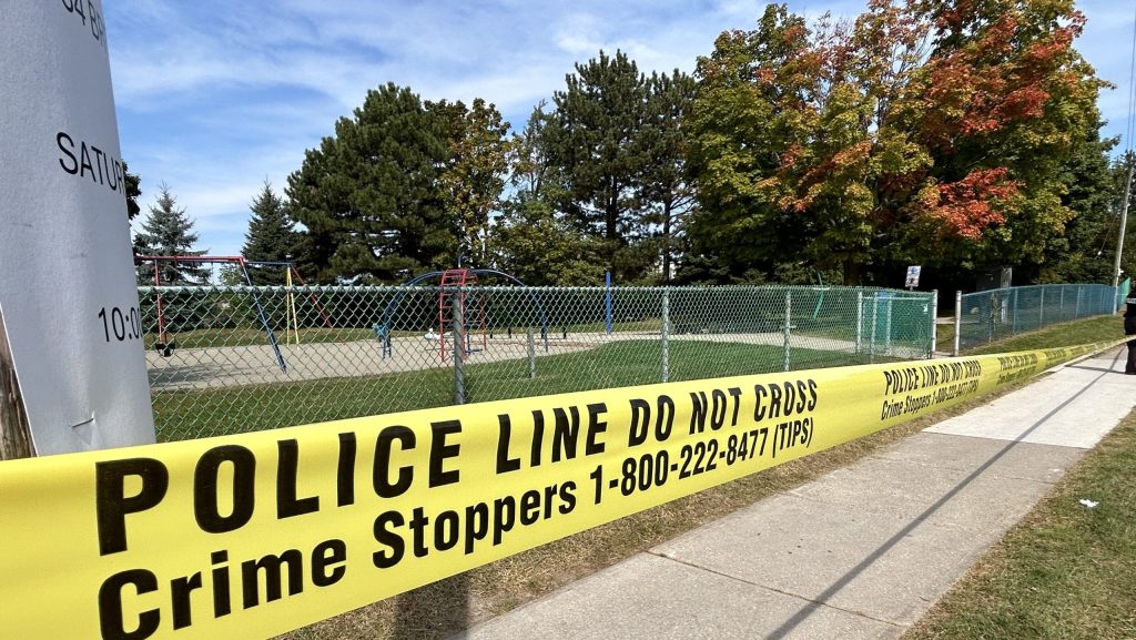 A park playground near Corvette Avenue and Magnolia Avenue in Scarborough is surrounded by police tape on Sept. 20, 2024