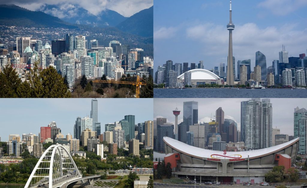 From top left: the skylines of Vancouver, Toronto, Edmonton and Calgary.