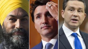 A montage of federal leaders (L to R): NDP Leader Jagmeet Singh; Liberal Leader Justin Trudeau; and Conservative Leader Pierre Poilievre.