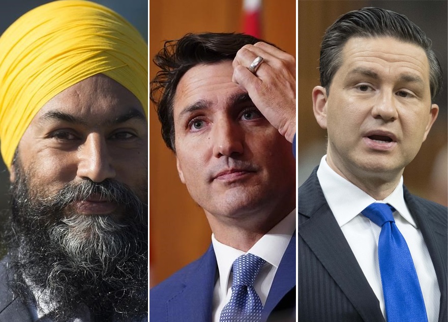 A montage of federal leaders (L to R): NDP Leader Jagmeet Singh; Liberal Leader Justin Trudeau; and Conservative Leader Pierre Poilievre.