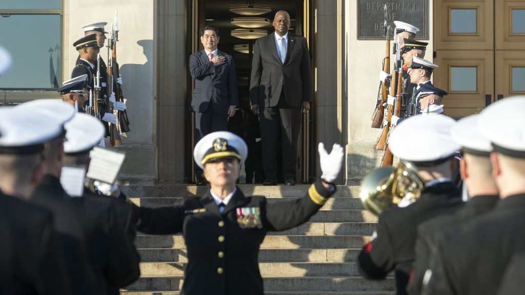 U.S. Defense Secretary Lloyd Austin, center right, welcomes South Korean Defense Minister Kim Yong Hyun, center left, to the Pentagon in Washington, D.C., on Oct. 30, 2024