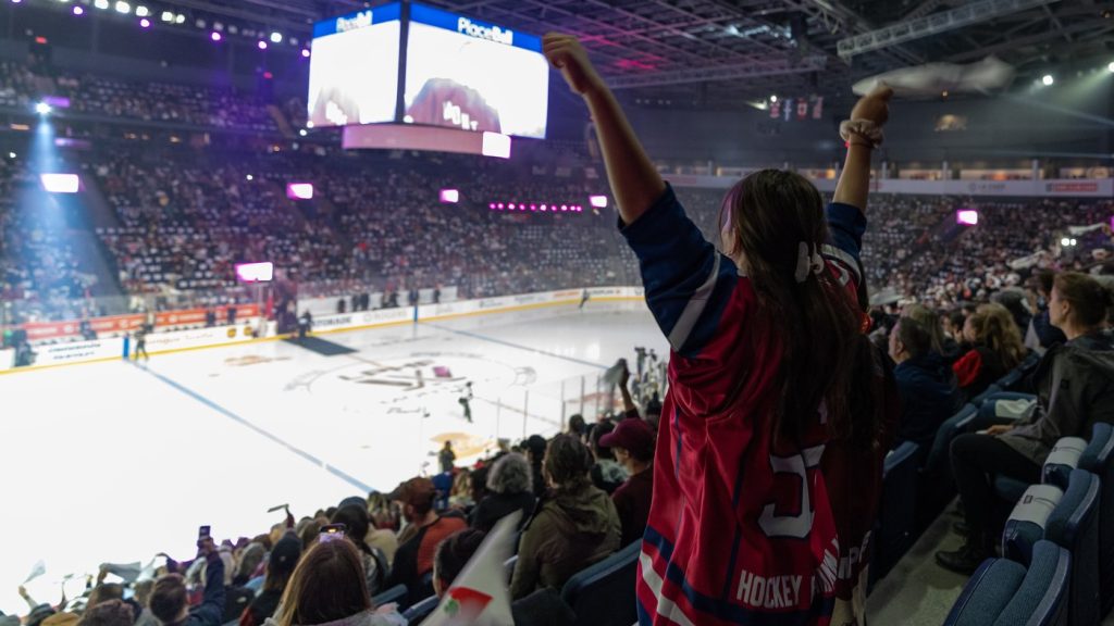 Fans cheer prior to first period PWHL playoff hockey action of Montreal against Boston in Montreal on May 9, 2024