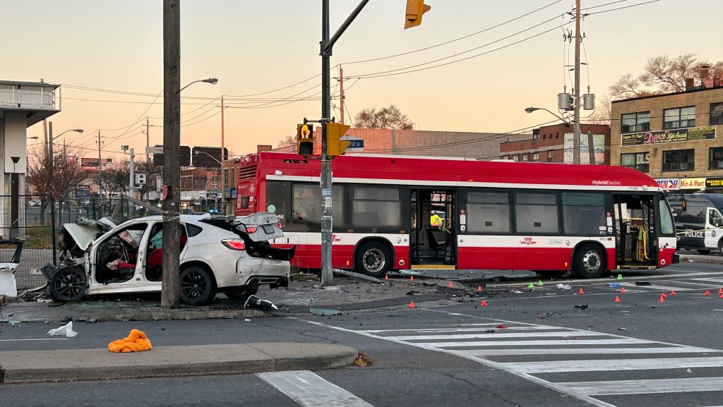 Nine injured in fiery crash involving TTC bus, stolen vehicle in North York